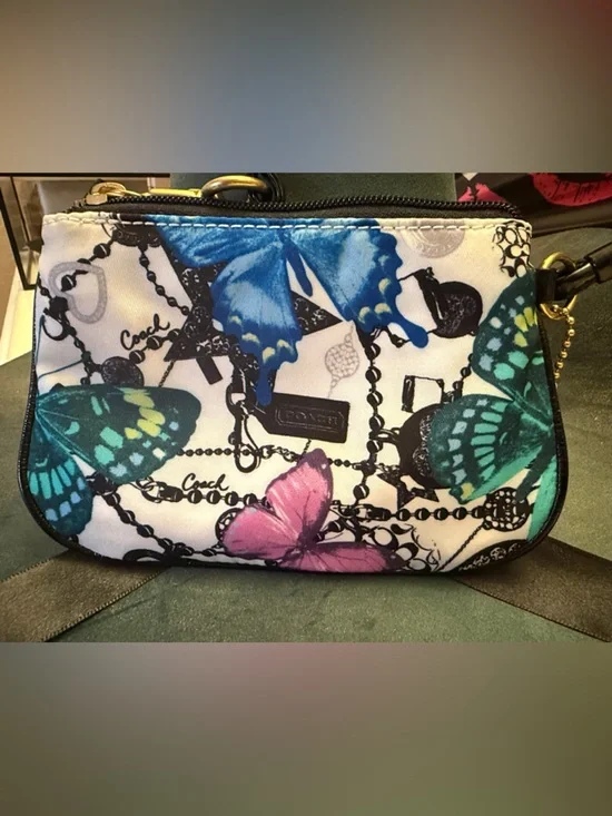 Coach Butterfly Print Wristlet in Pink, Blue, Black & White - Picture 5 of 5